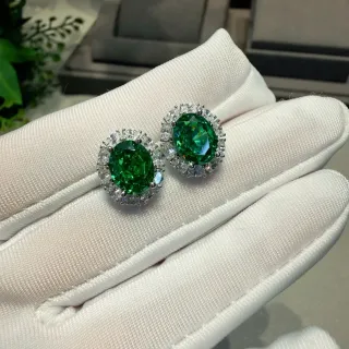 Oval Green Gemstone Halo Stud Earrings