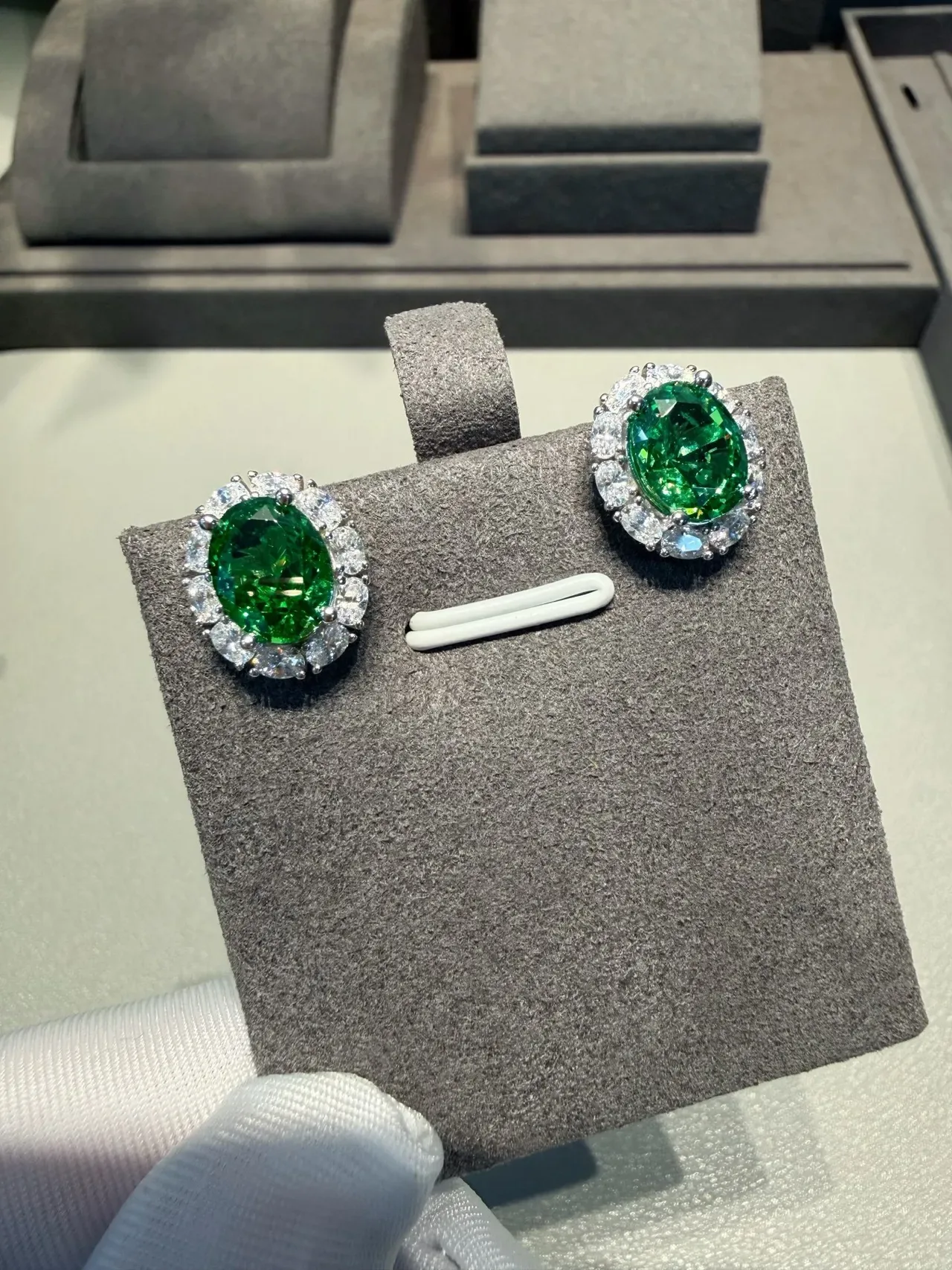 Oval Green Gemstone Halo Stud Earrings 2