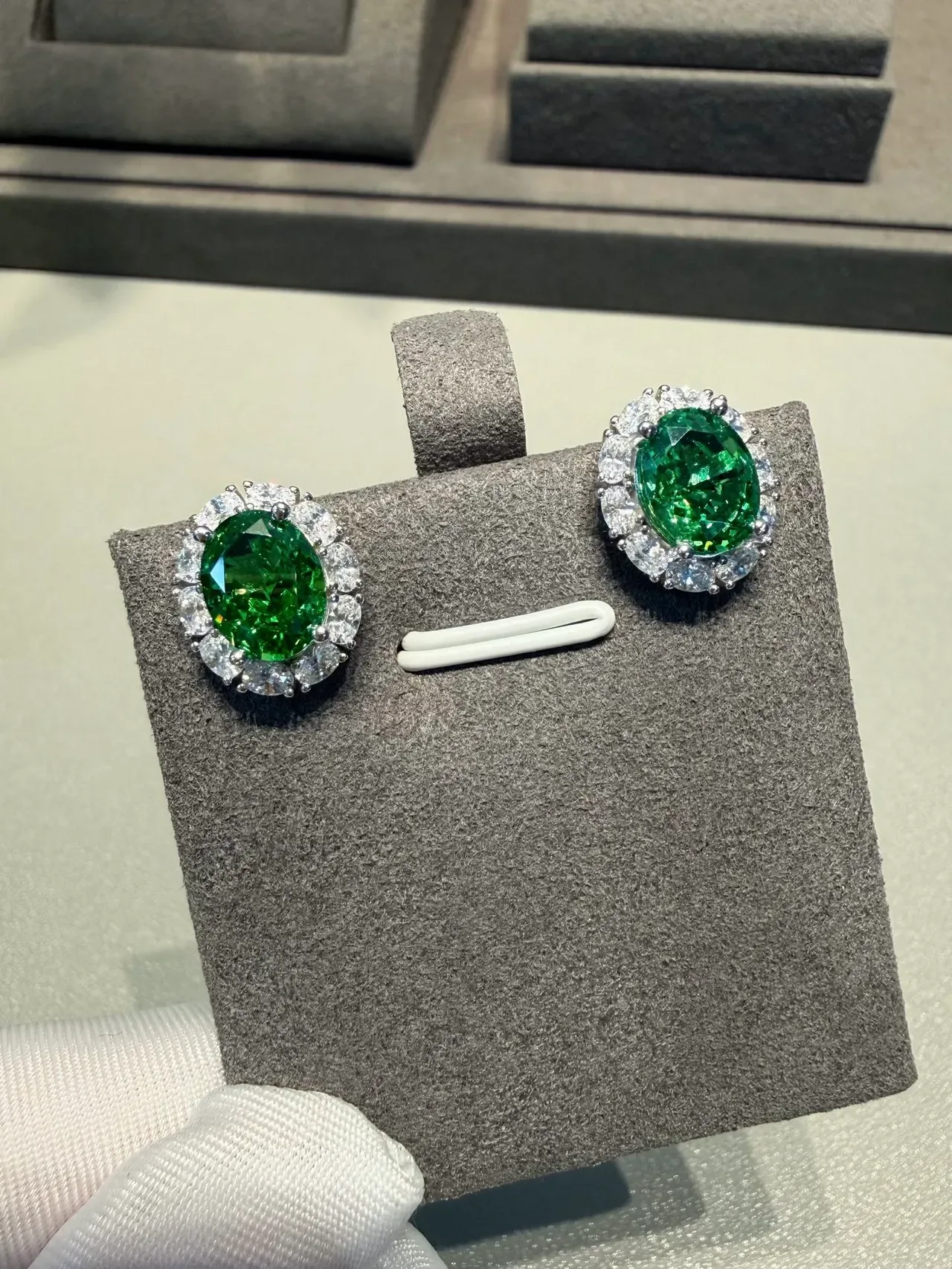 Oval Green Gemstone Halo Stud Earrings 3