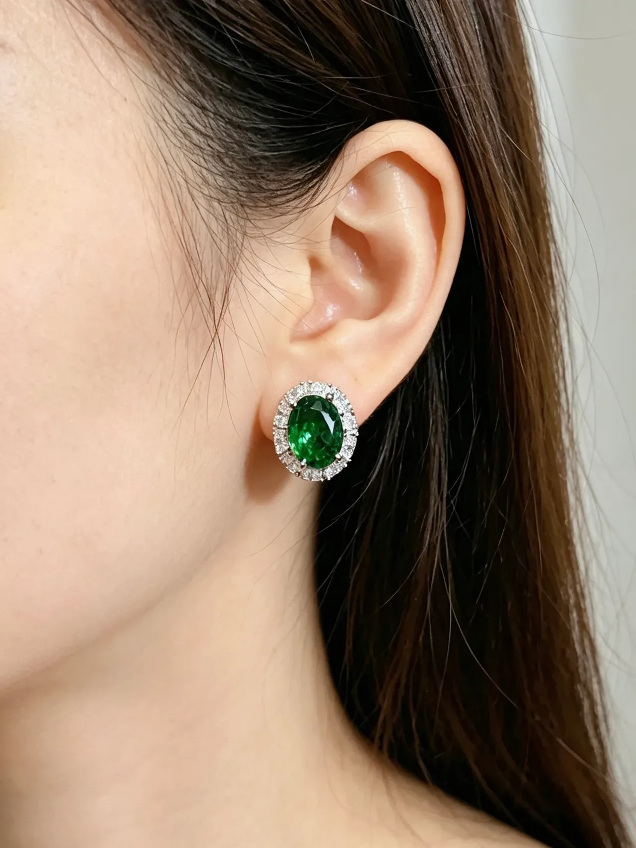 Oval Green Gemstone Halo Stud Earrings 5