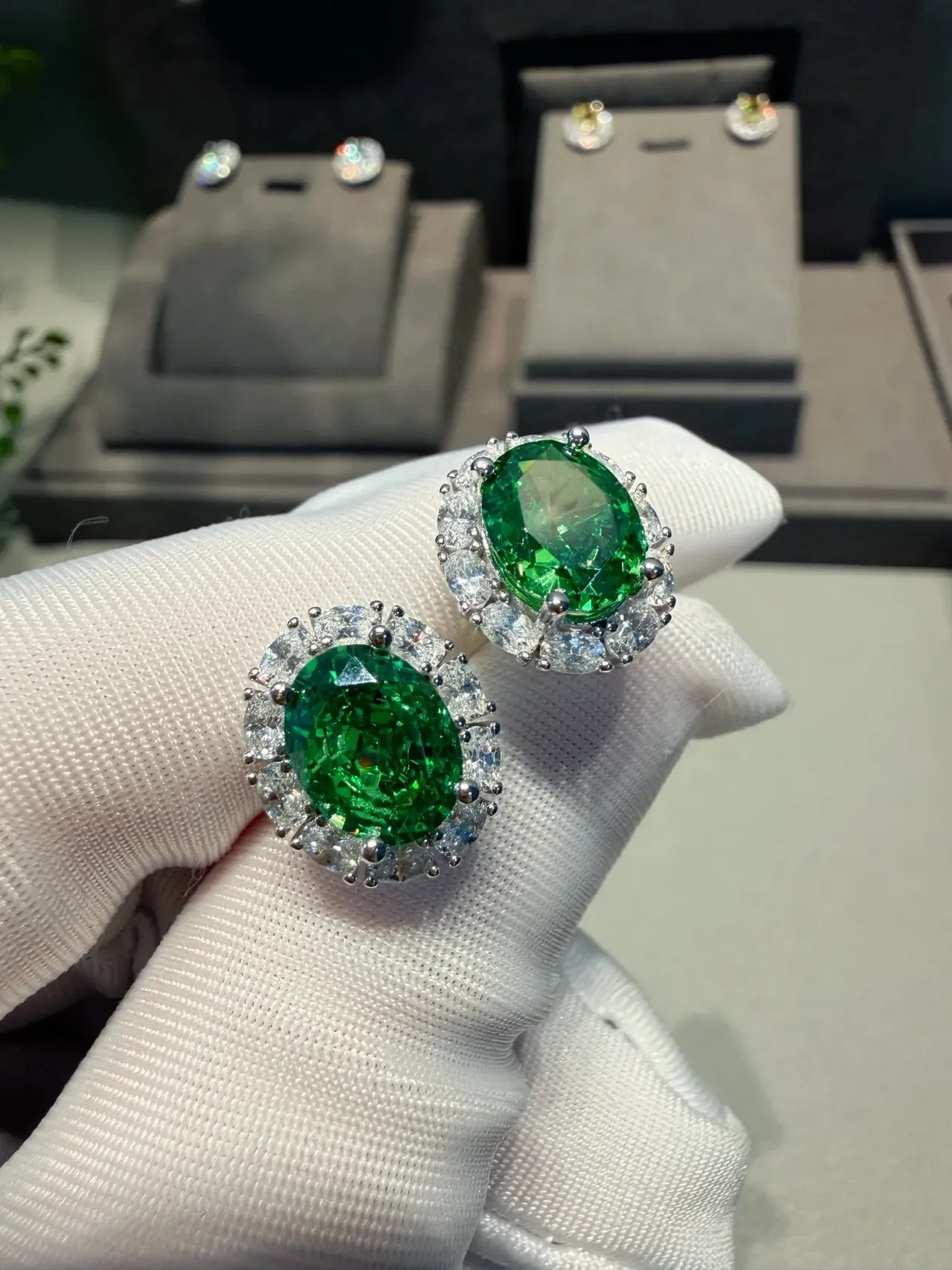 Oval Green Gemstone Halo Stud Earrings 6