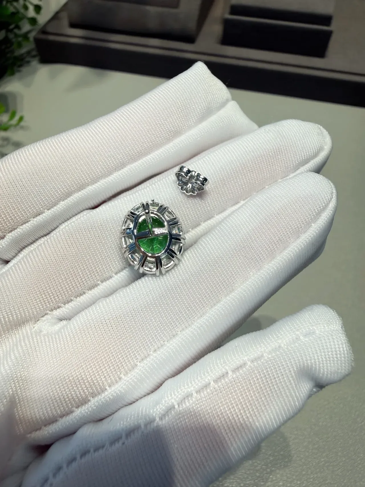 Oval Green Gemstone Halo Stud Earrings 7