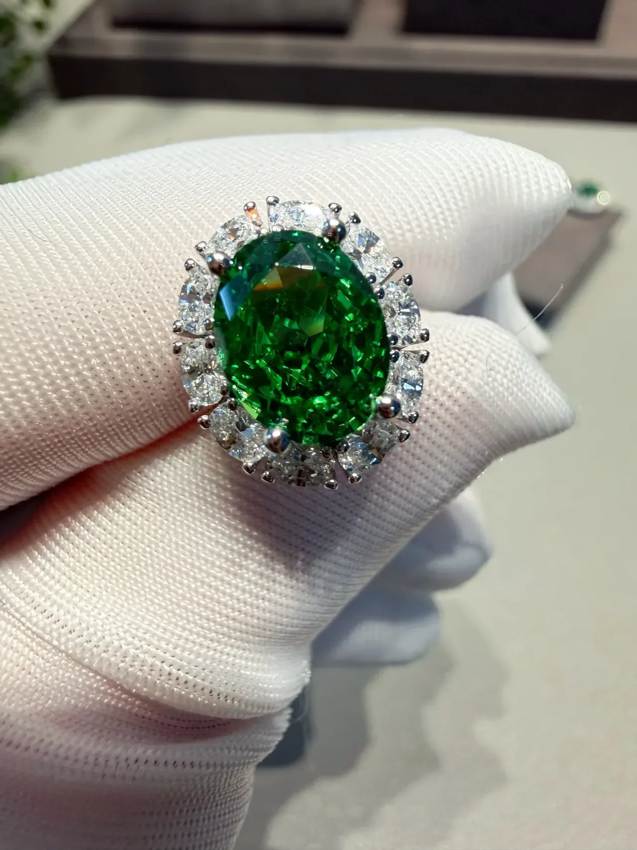 Oval Green Gemstone Halo Stud Earrings 8