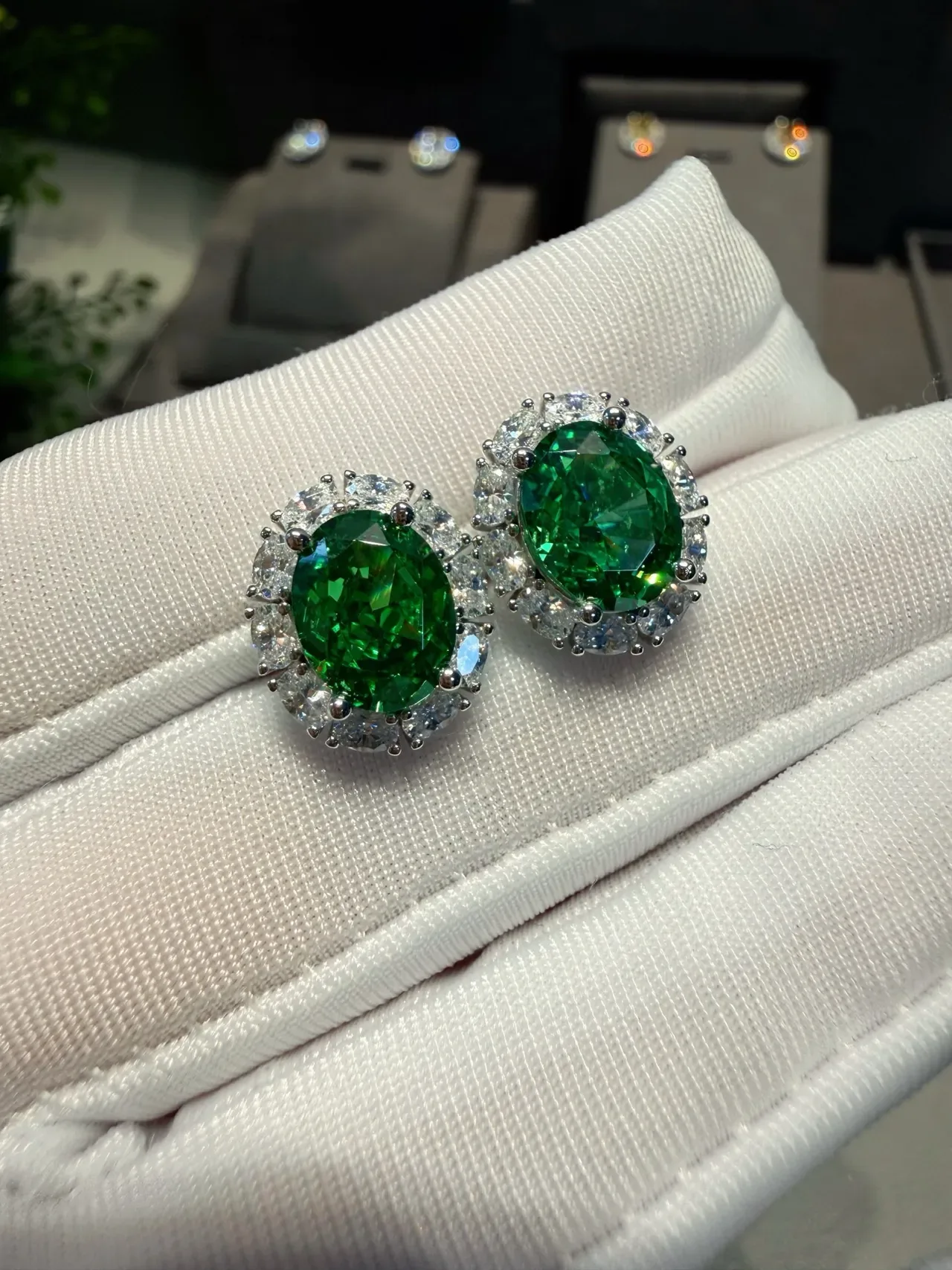Oval Green Gemstone Halo Stud Earrings 9