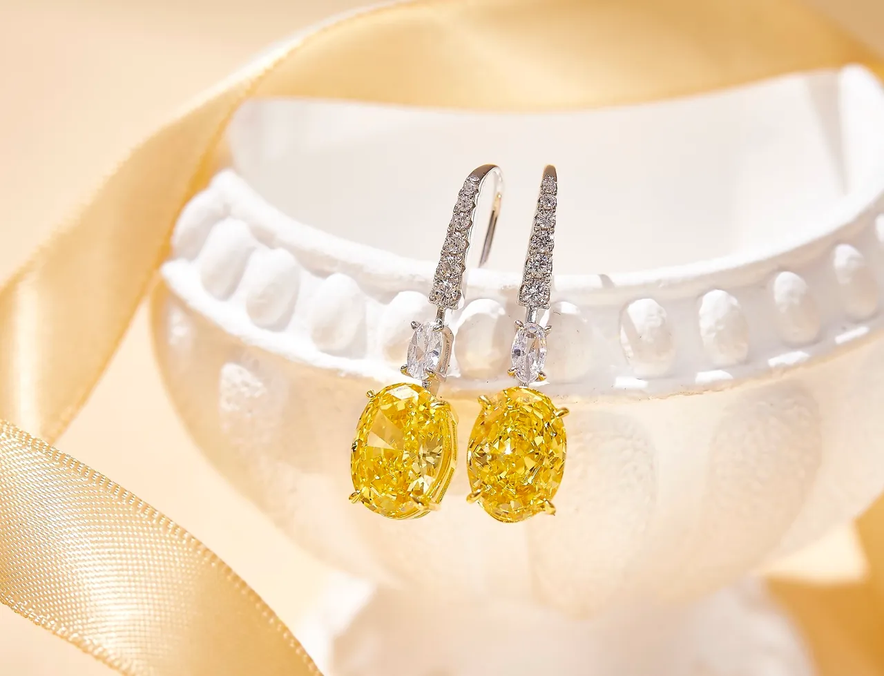 Oval Yellow Gemstone and Pavé Diamond Drop Earrings 3