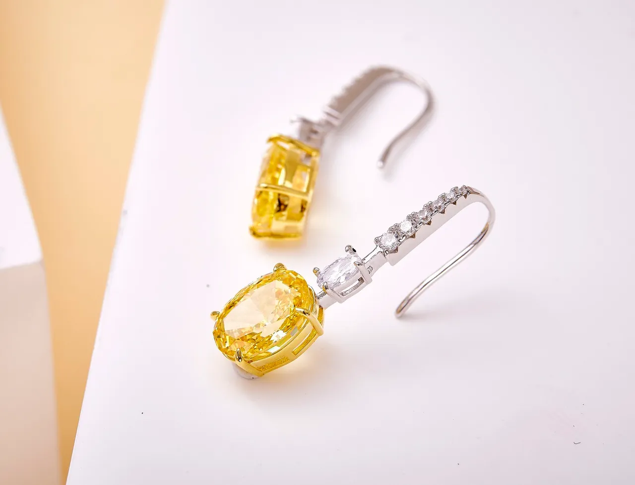Oval Yellow Gemstone and Pavé Diamond Drop Earrings 4