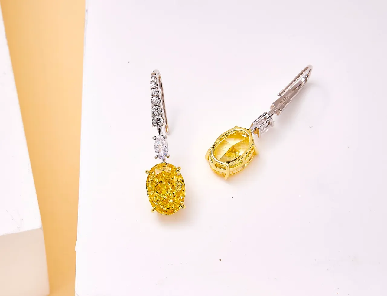 Oval Yellow Gemstone and Pavé Diamond Drop Earrings 6