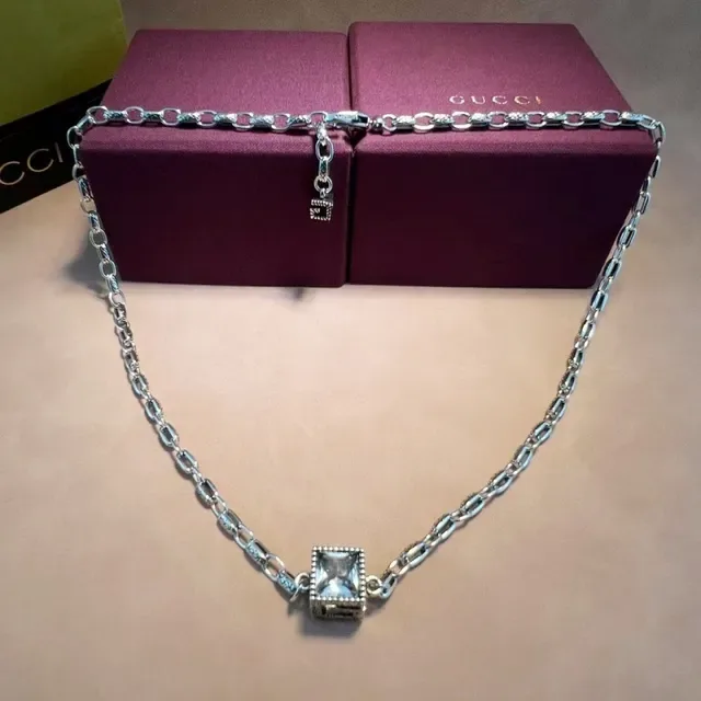Oxidized Link Chain Square Bezel-Set Stone Necklace 6