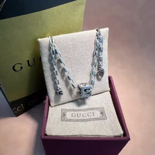 Oxidized Link Chain Square Bezel-Set Stone Necklace 7