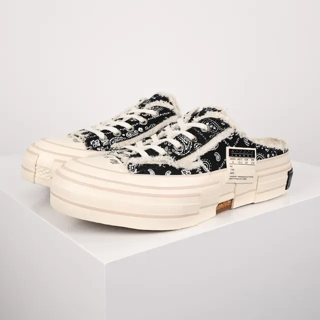 Paisley-Print Frayed Edge Layered Platform Mule Sneaker 2