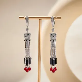 Panther-Head Pavé Gemstone Drop Earrings