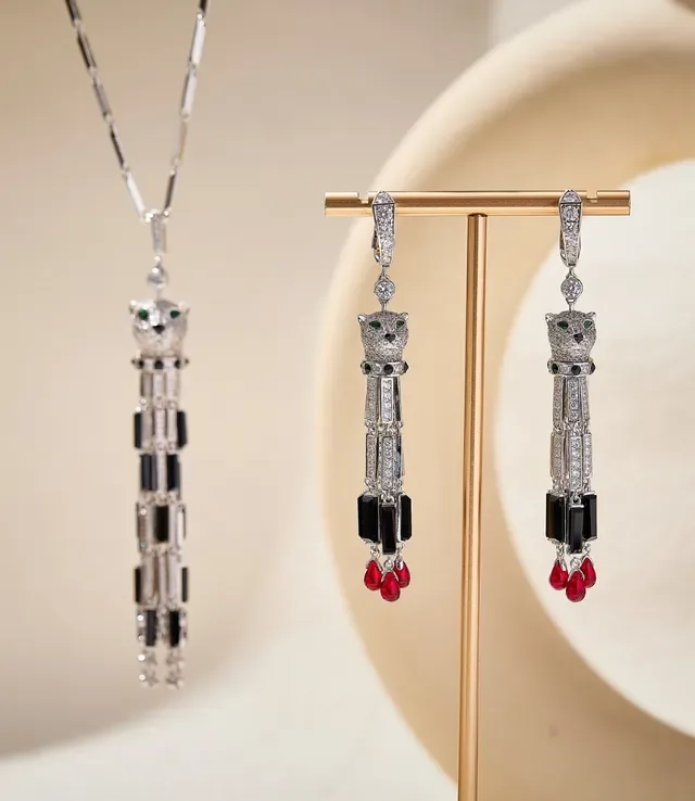 Panther-Head Pavé Gemstone Drop Earrings 2