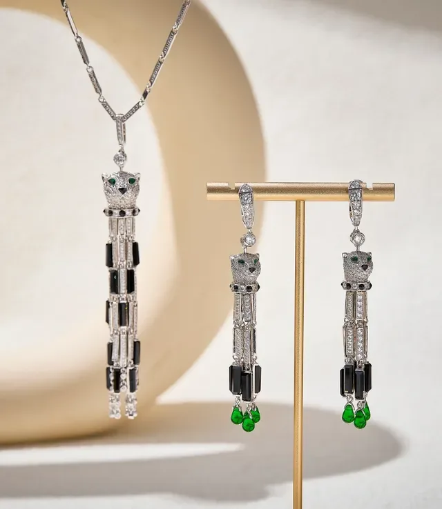 Panther-Head Pavé Gemstone Drop Earrings 5