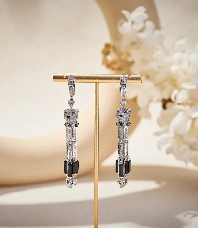 Panther-Head Pavé Gemstone Drop Earrings 6