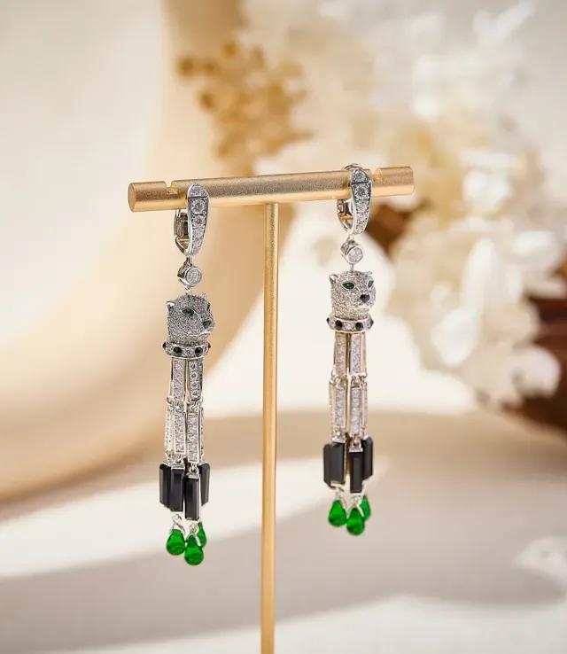 Panther-Head Pavé Gemstone Drop Earrings 7