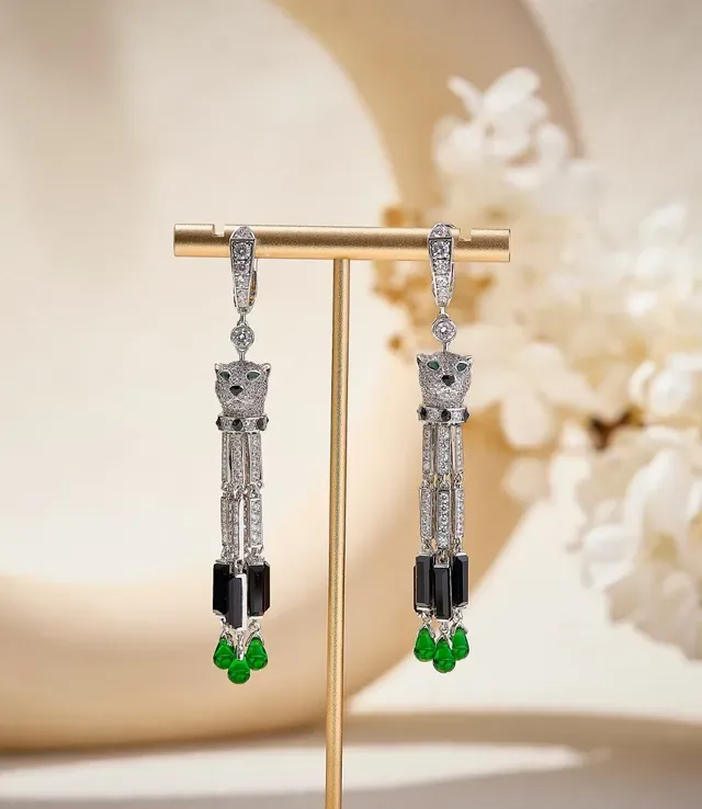 Panther-Head Pavé Gemstone Drop Earrings 8