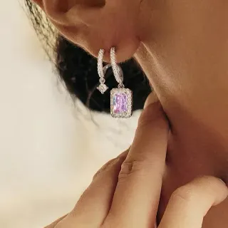 Pavé-Set Iridescent Pink-Purple Rectangular Pendant Dangling Earrings