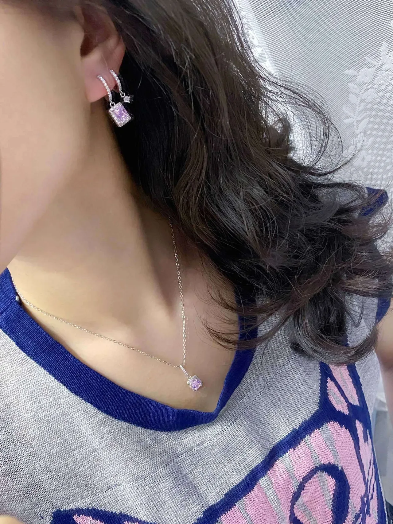 Pavé-Set Iridescent Pink-Purple Rectangular Pendant Dangling Earrings 2