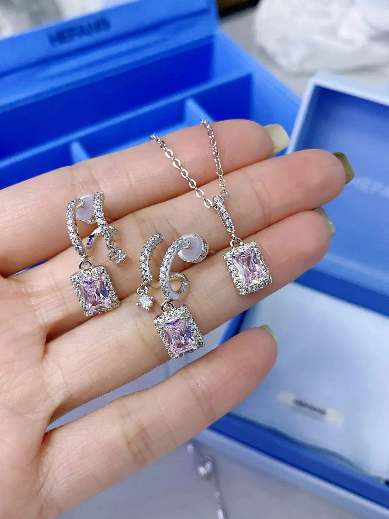Pavé-Set Iridescent Pink-Purple Rectangular Pendant Dangling Earrings 4