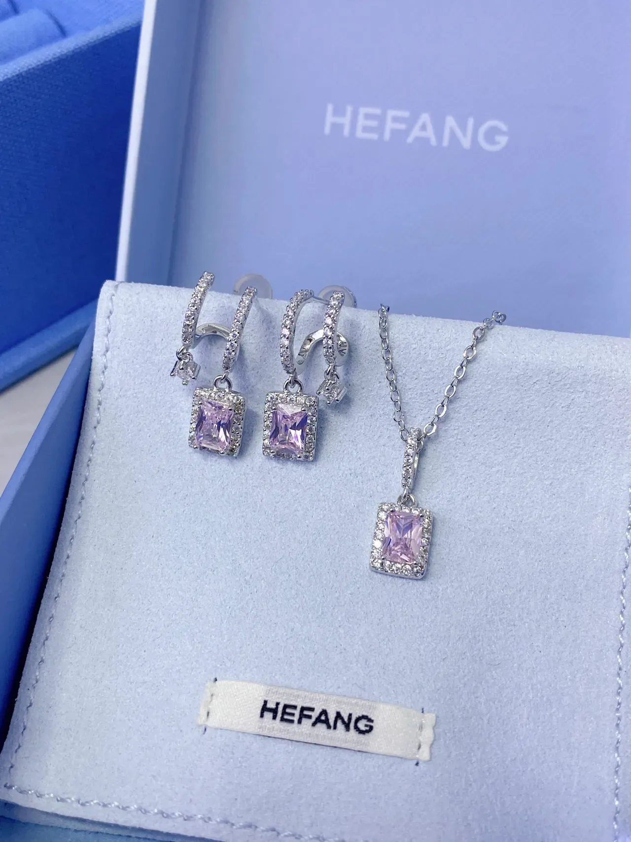 Pavé-Set Iridescent Pink-Purple Rectangular Pendant Dangling Earrings 5