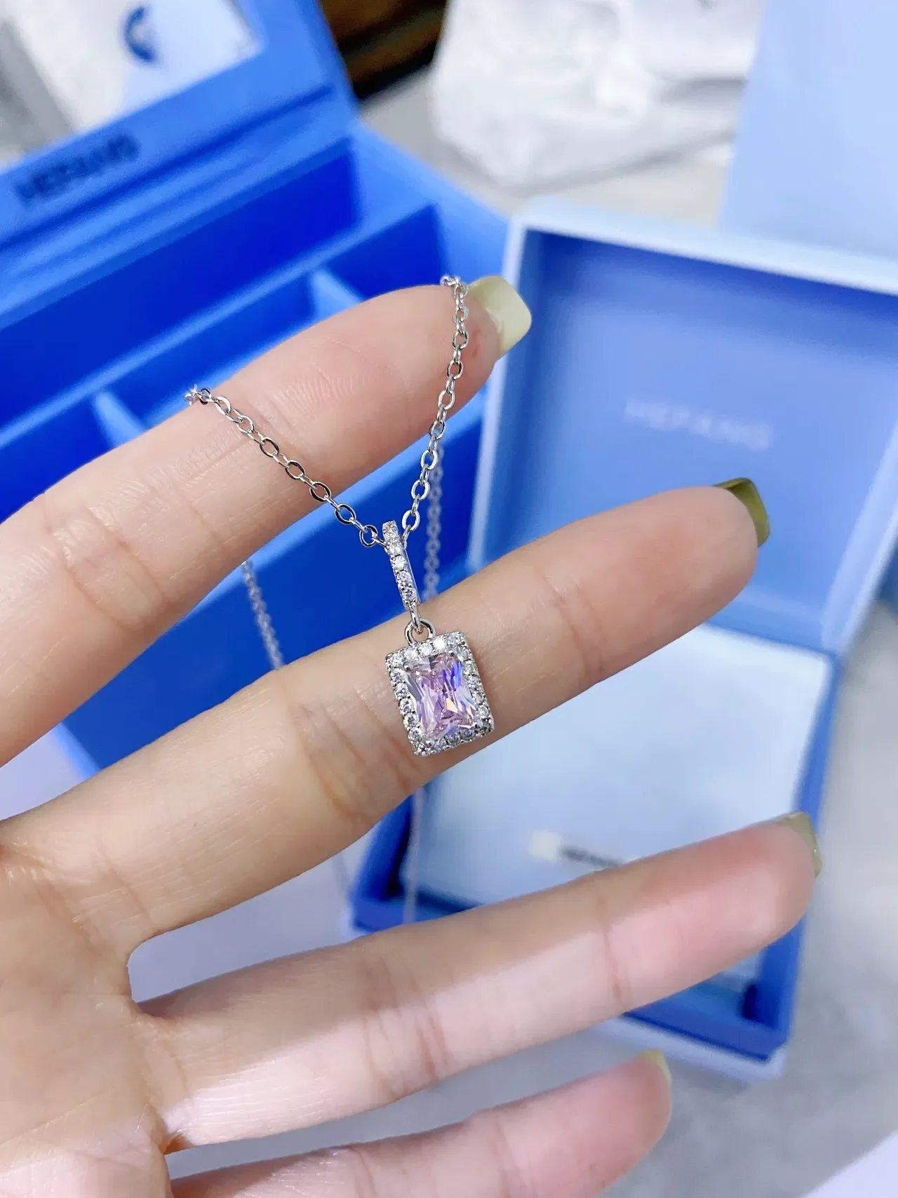 Pavé-Set Iridescent Pink-Purple Rectangular Pendant Dangling Earrings 6