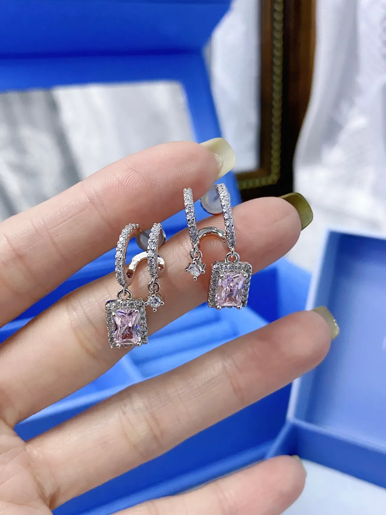 Pavé-Set Iridescent Pink-Purple Rectangular Pendant Dangling Earrings 9