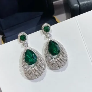 Pear-Cut Green Gemstone Pavé Diamond Fan Drop Earrings