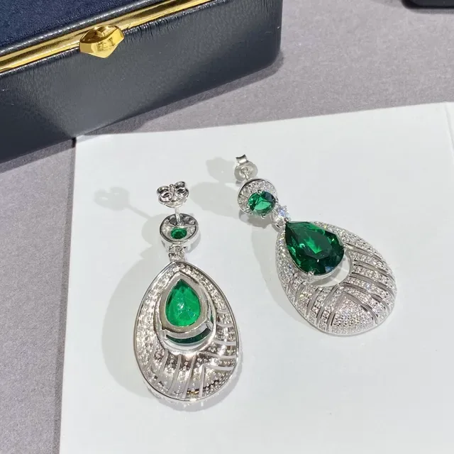 Pear-Cut Green Gemstone Pavé Diamond Fan Drop Earrings 2
