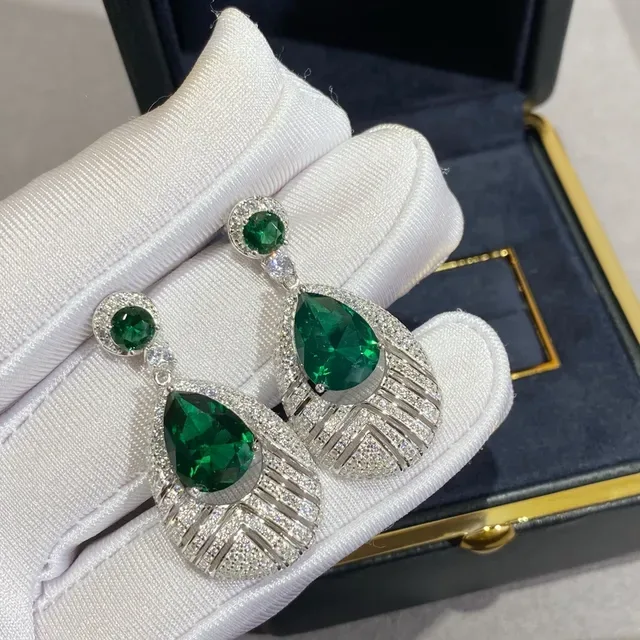 Pear-Cut Green Gemstone Pavé Diamond Fan Drop Earrings 3
