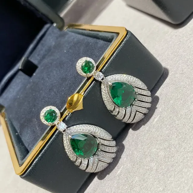 Pear-Cut Green Gemstone Pavé Diamond Fan Drop Earrings 4