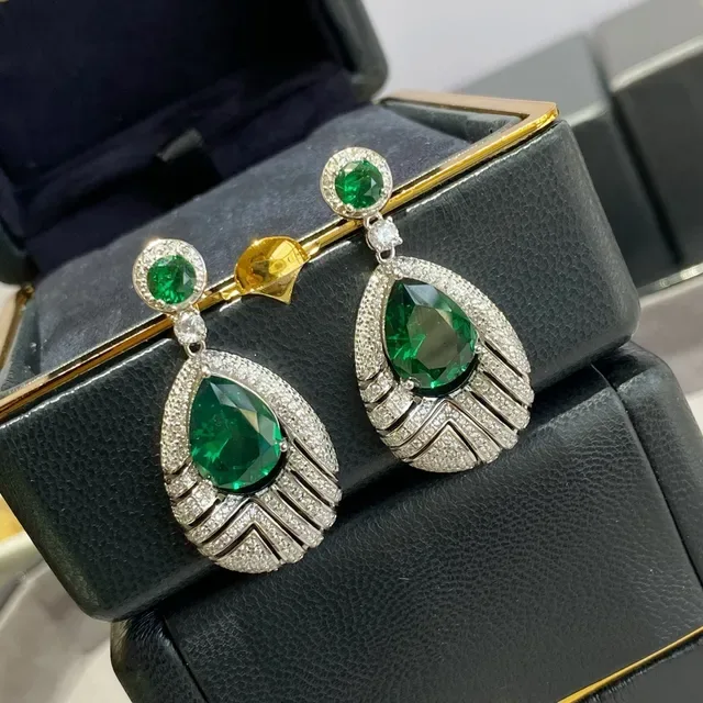 Pear-Cut Green Gemstone Pavé Diamond Fan Drop Earrings 5