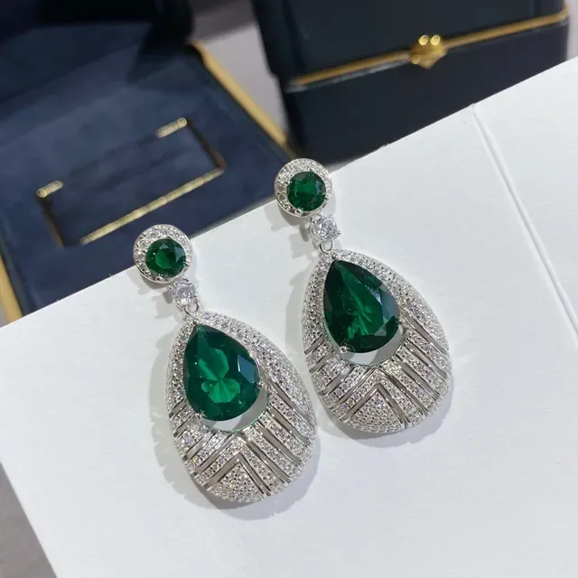 Pear-Cut Green Gemstone Pavé Diamond Fan Drop Earrings 6