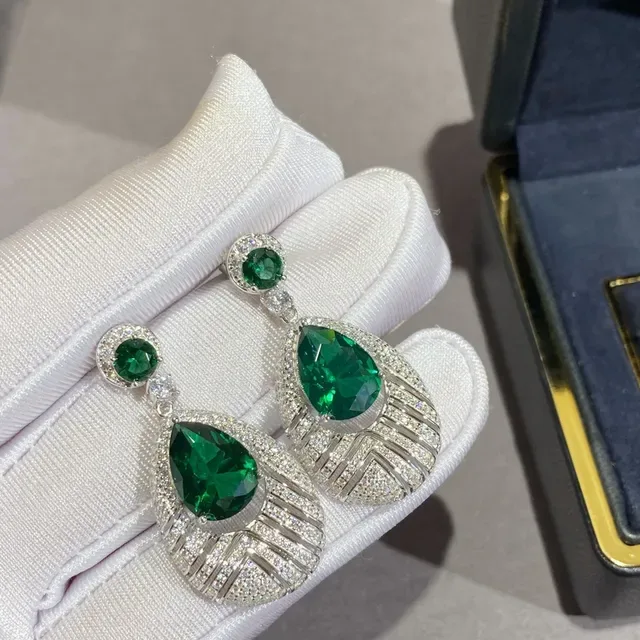 Pear-Cut Green Gemstone Pavé Diamond Fan Drop Earrings 8