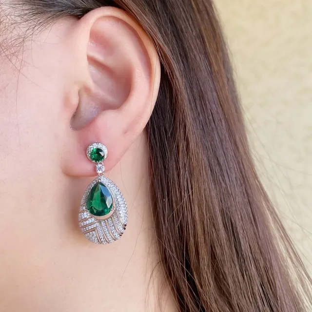Pear-Cut Green Gemstone Pavé Diamond Fan Drop Earrings 9