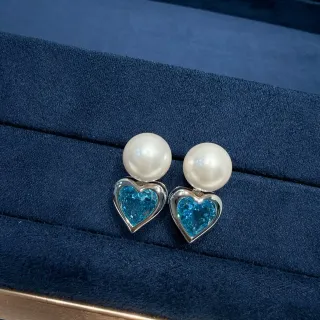 Pearl and Blue Heart Gemstone Stud Earrings