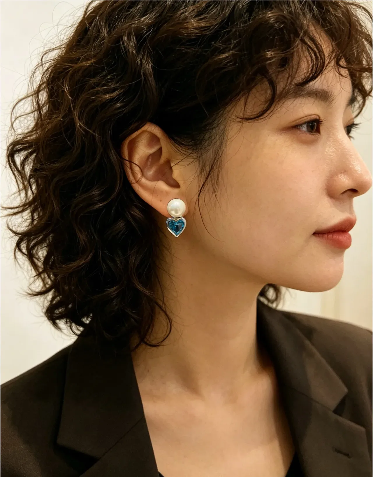 Pearl and Blue Heart Gemstone Stud Earrings 2