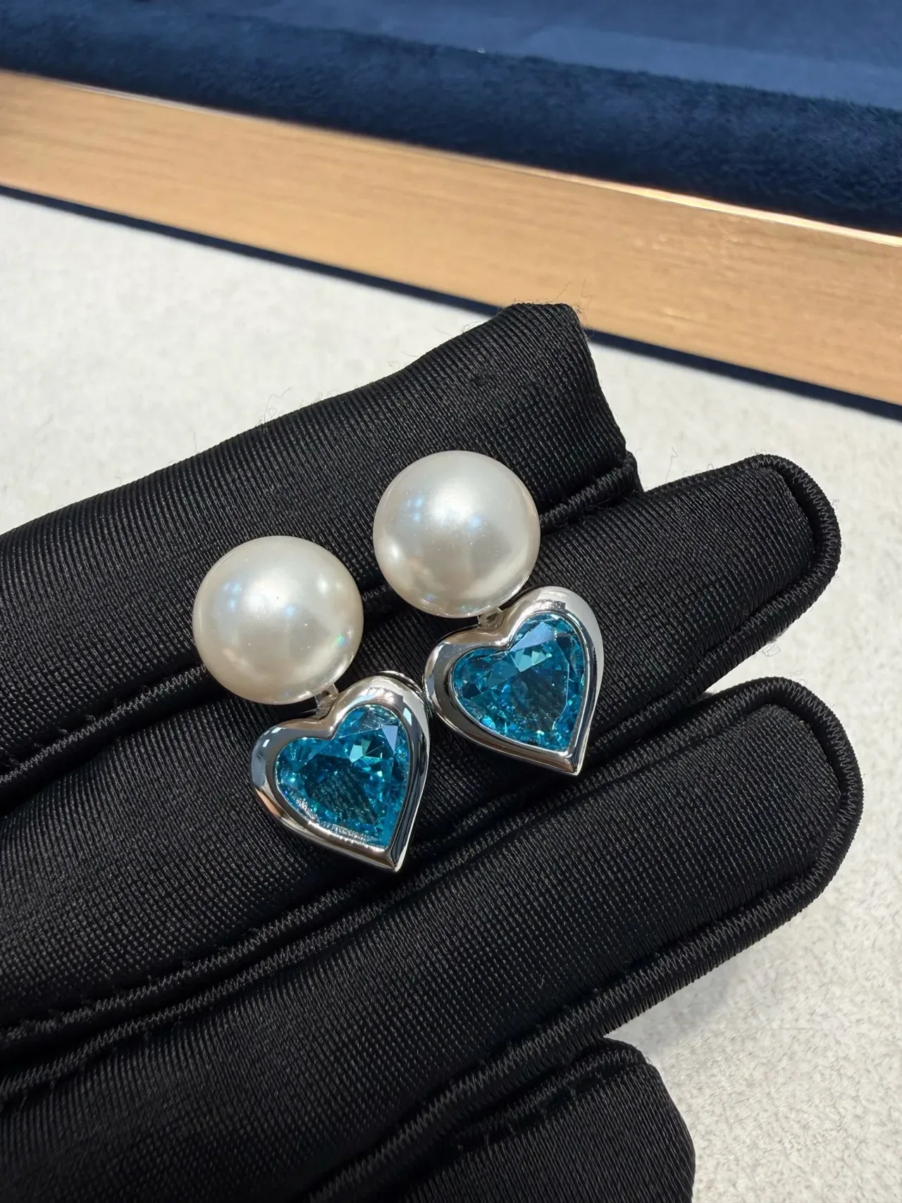 Pearl and Blue Heart Gemstone Stud Earrings 3