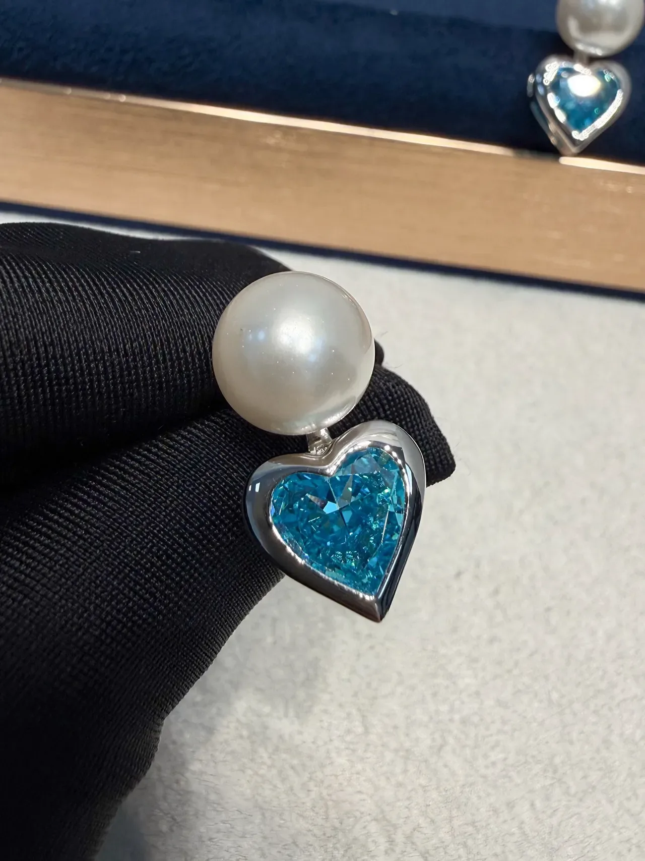 Pearl and Blue Heart Gemstone Stud Earrings 4