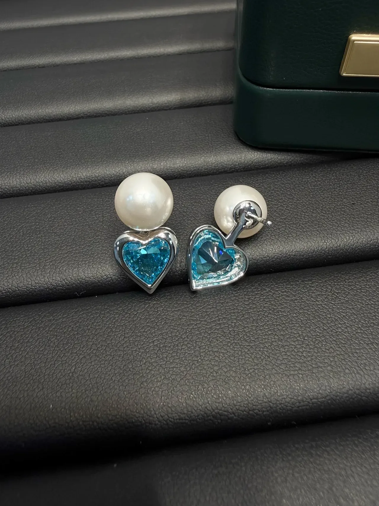 Pearl and Blue Heart Gemstone Stud Earrings 5