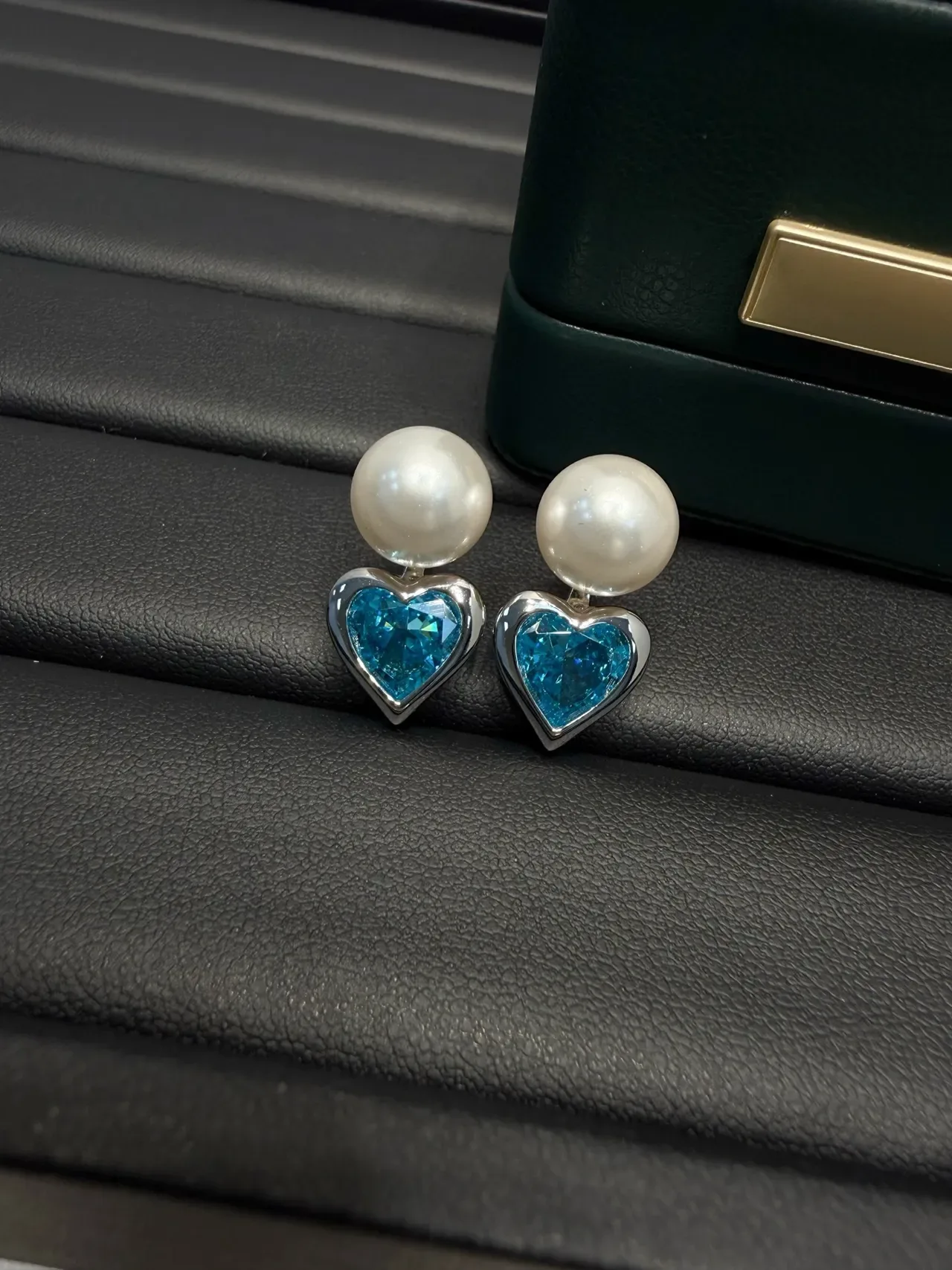 Pearl and Blue Heart Gemstone Stud Earrings 6