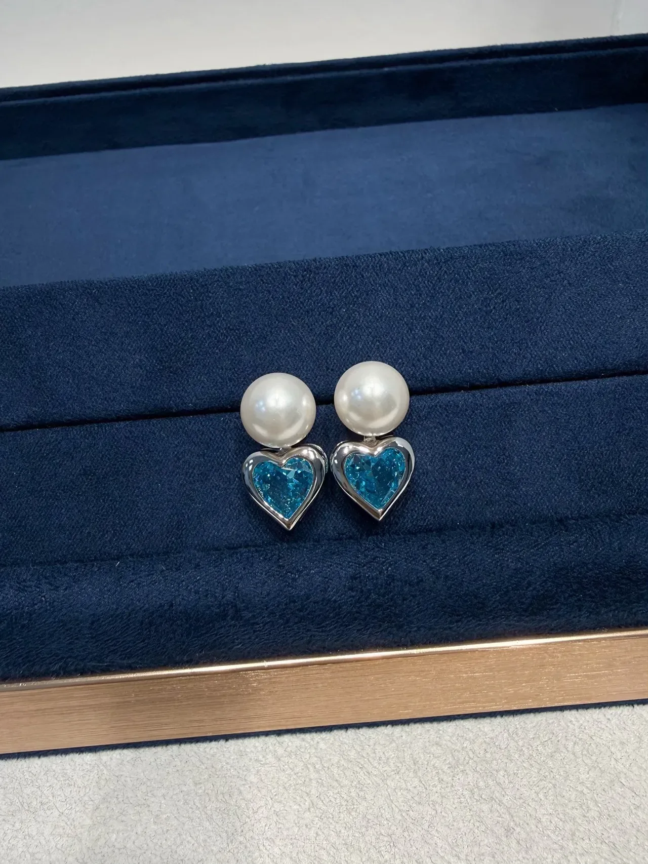 Pearl and Blue Heart Gemstone Stud Earrings 9
