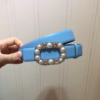 Pearl and Crystal Rectangular Buckle Light Blue Leather Belt
