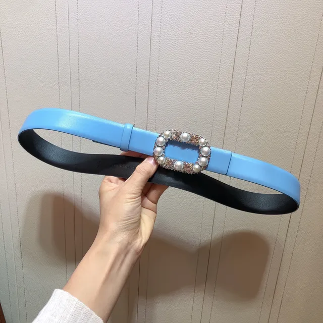 Pearl and Crystal Rectangular Buckle Light Blue Leather Belt 2