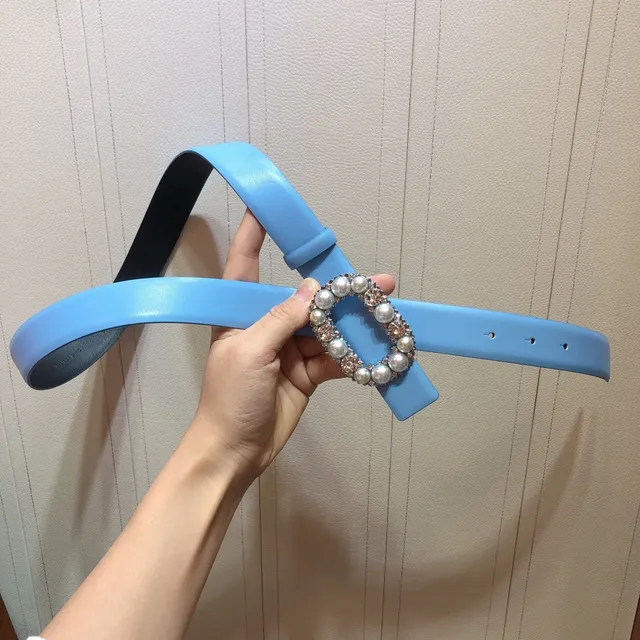 Pearl and Crystal Rectangular Buckle Light Blue Leather Belt 4