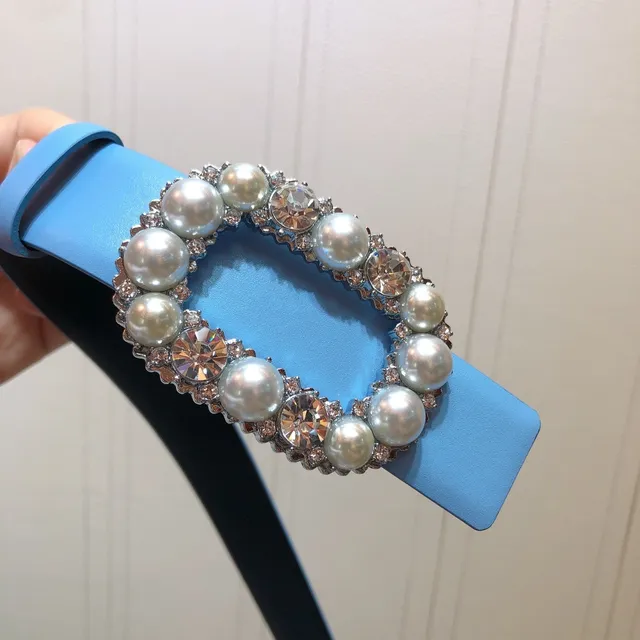 Pearl and Crystal Rectangular Buckle Light Blue Leather Belt 5