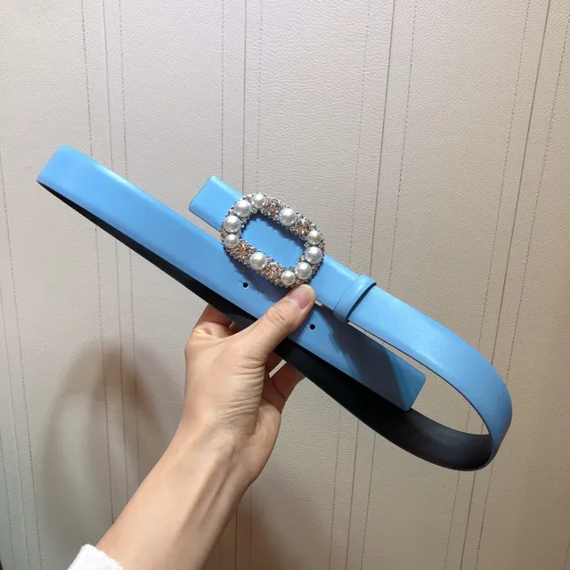 Pearl and Crystal Rectangular Buckle Light Blue Leather Belt 6
