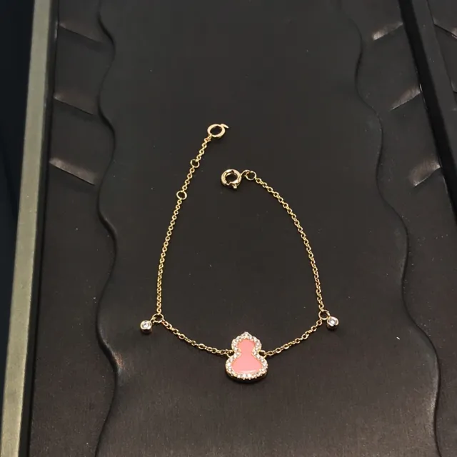 Pink Enamel Gourd Pendant Gold-Tone Pavé Crystal Bracelet 3