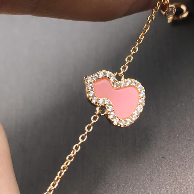 Pink Enamel Gourd Pendant Gold-Tone Pavé Crystal Bracelet 6