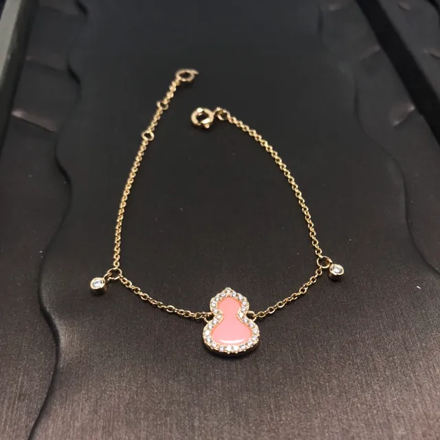 Pink Enamel Gourd Pendant Gold-Tone Pavé Crystal Bracelet 7