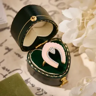 Pink Enamel Horseshoe Pavé-Diamond Gold-Tone Ring
